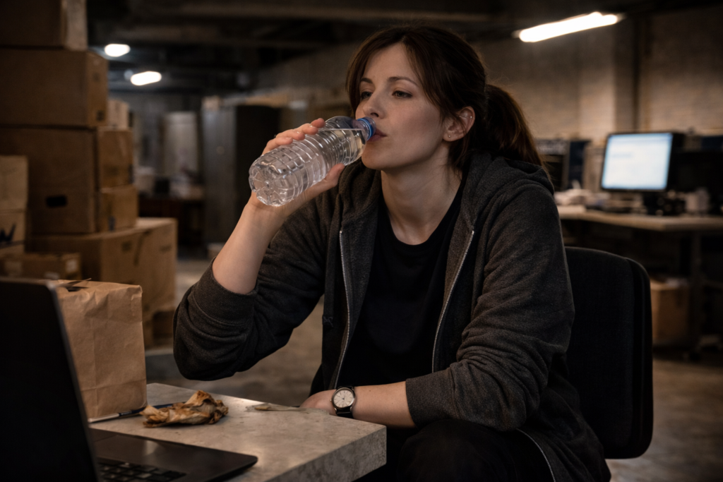 Tired night shift worker taking a break during overnight work