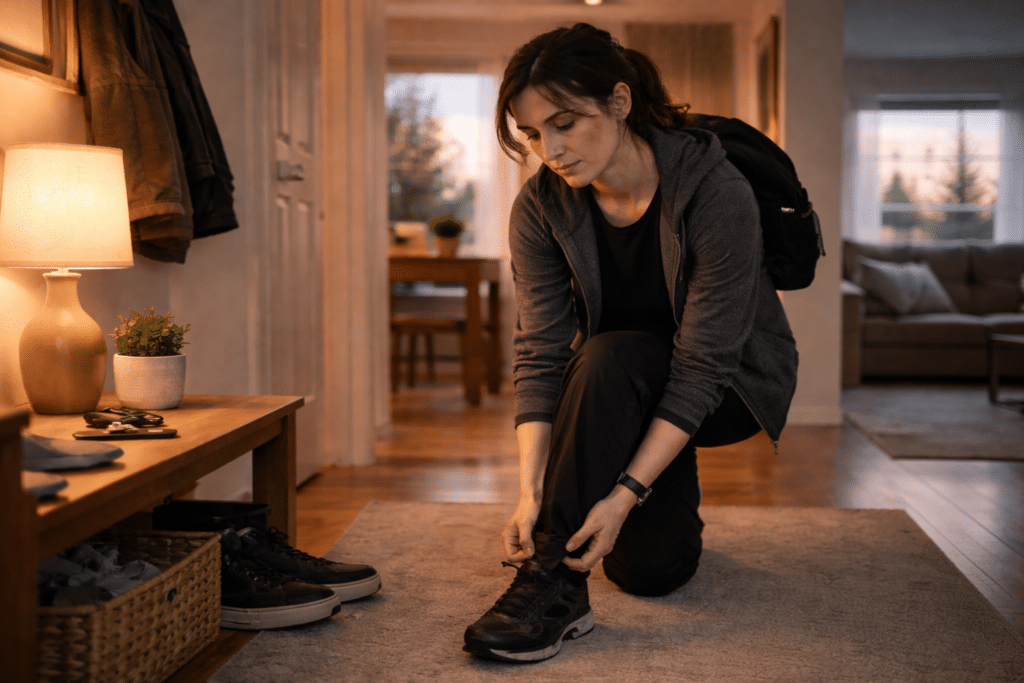 Night shift worker returning home after overnight shift in morning light