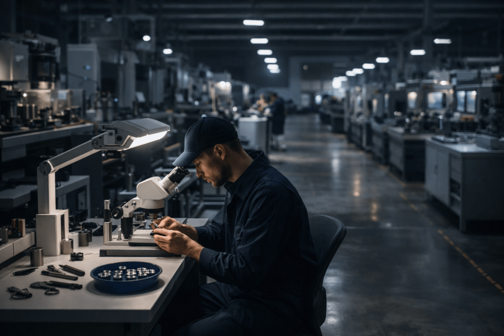 Night shift manufacturing quality control inspection during overnight production and fatigue risk hours
