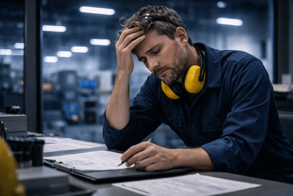 Night shift worker showing cognitive fatigue while reviewing equipment during overnight operations