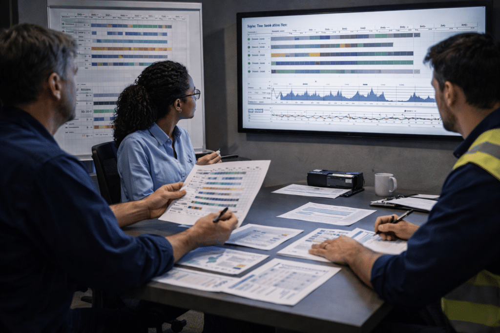 Safety analysts reviewing shift schedules and fatigue data during workplace incident investigation
