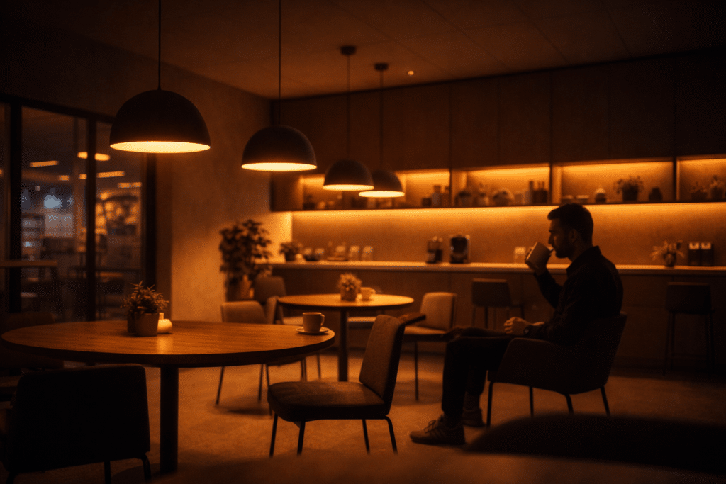 Circadian-optimized workplace lighting featuring warm amber LED tones to reduce retinal strain and support nocturnal recovery.