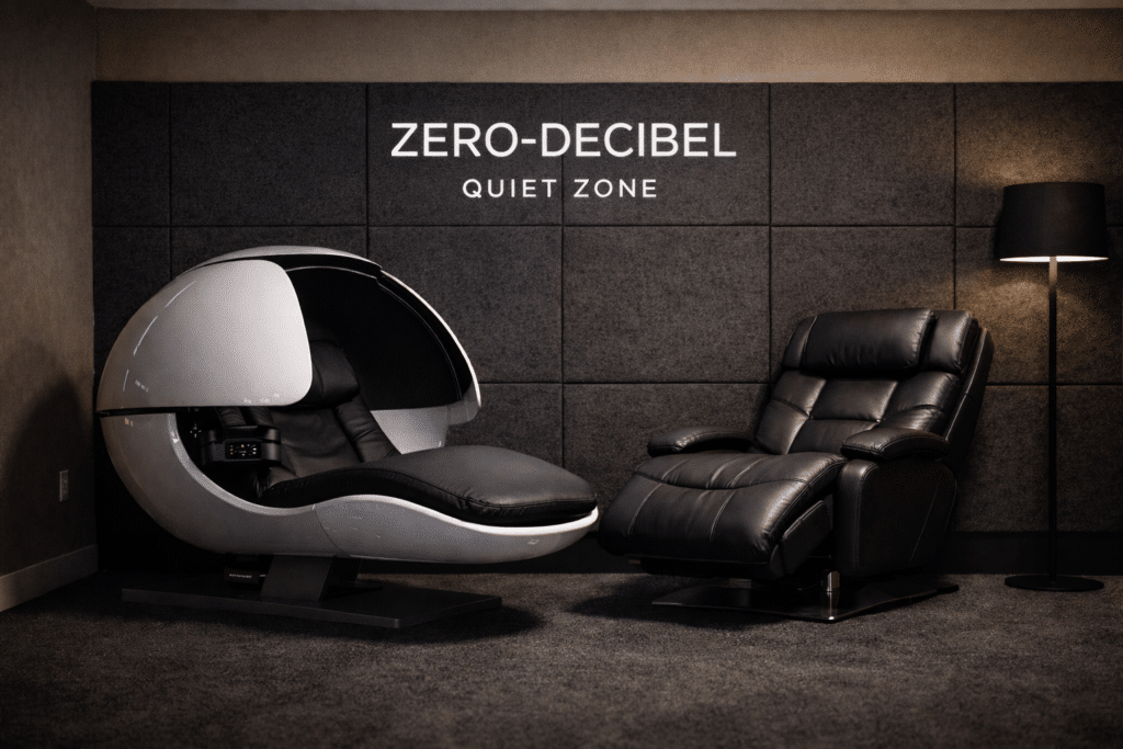 Industrial quiet zone equipped with a specialized napping pod and acoustic dampening panels for employee fatigue management.