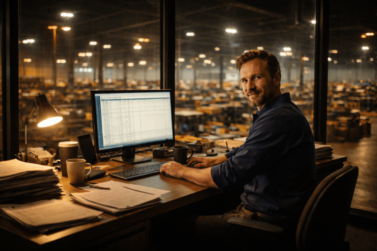 A documentary photograph of a night shift manager working alone in an office overlooking a busy logistics hub during overnight hours.
