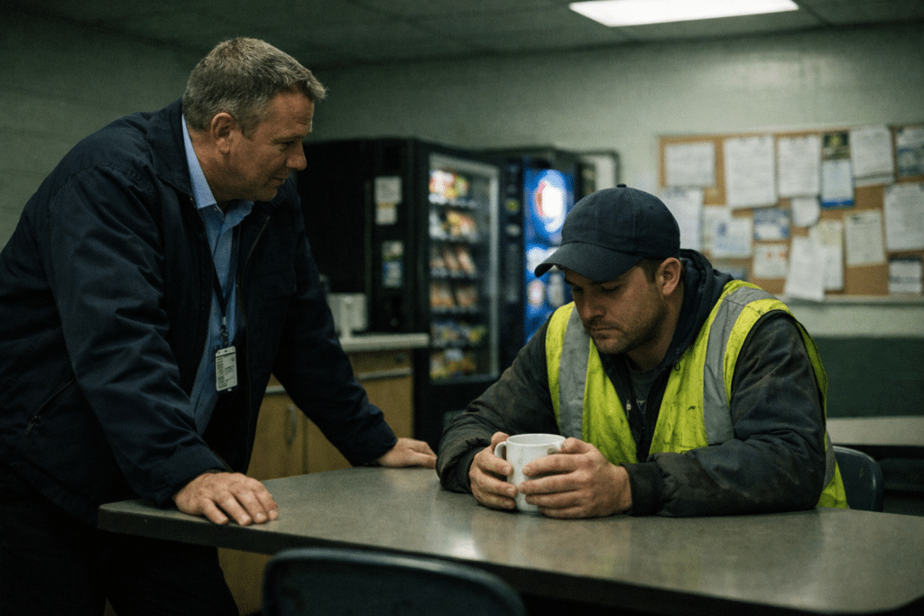 A night shift manager having a quiet, empathetic conversation with a fatigued employee in a facility breakroom.