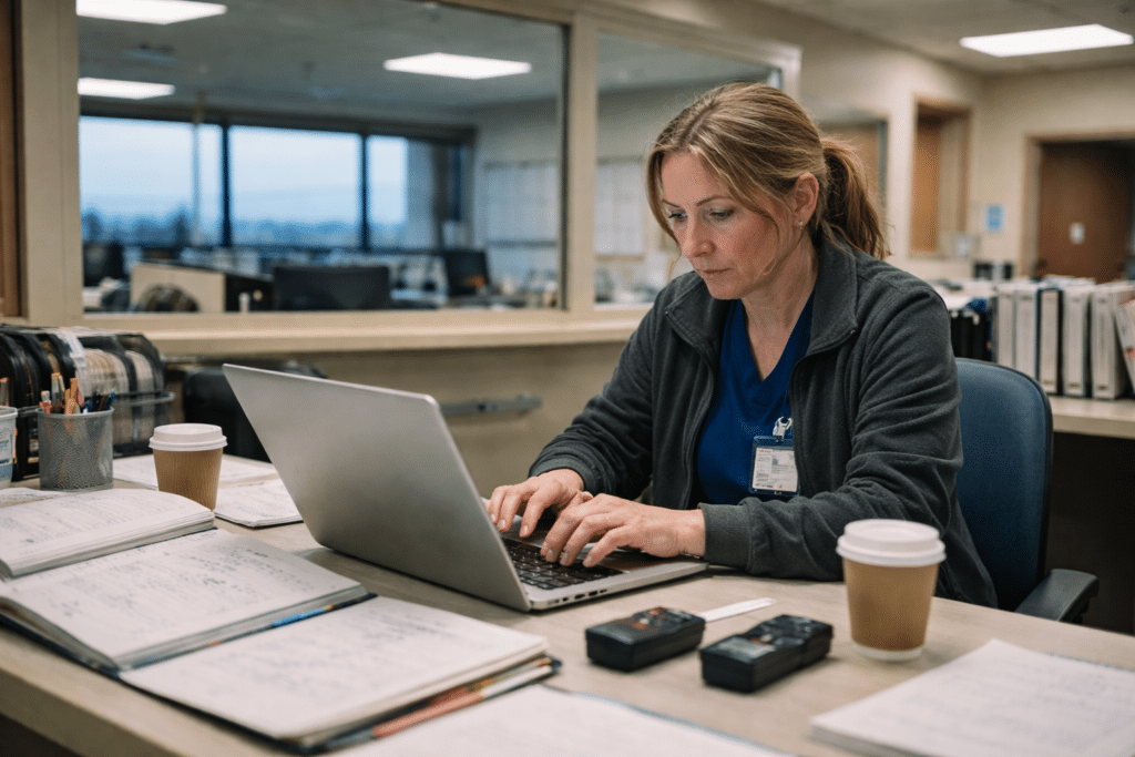 A tired night shift manager finishing digital shift reports on a laptop before the morning handover.