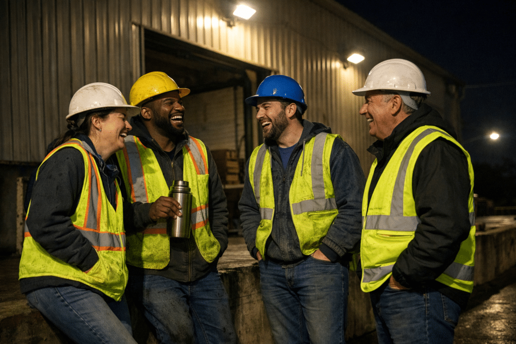 Night shift team and manager sharing a genuine laugh during a break on an industrial loading dock.