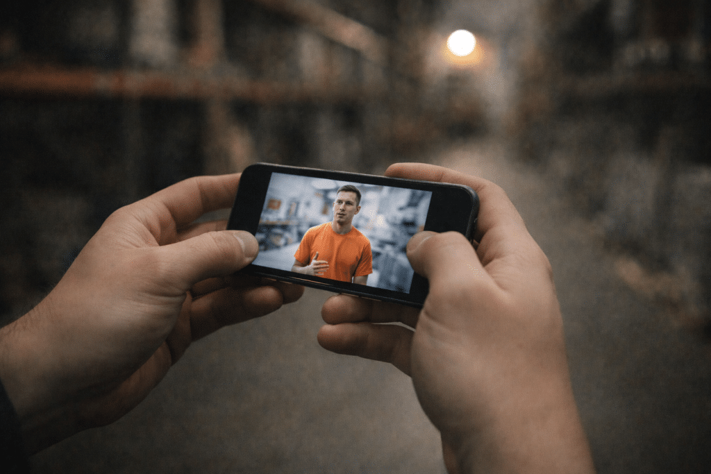A frontline night shift employee using a smartphone to watch benefits micro-learning videos during a work break.