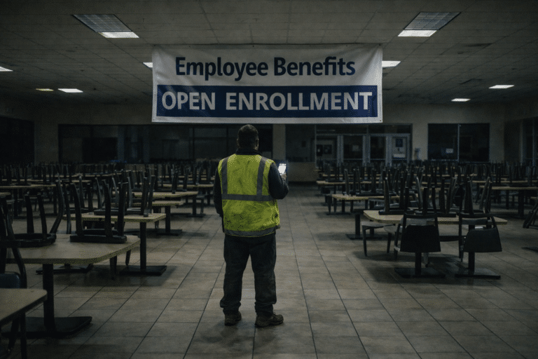 Night shift worker in high-vis gear stands alone in a large empty cafeteria at 3 AM looking up at an employee benefits banner under dim lights.
