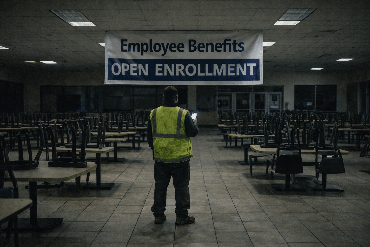 Night shift worker in high-vis gear stands alone in a large empty cafeteria at 3 AM looking up at an employee benefits banner under dim lights.