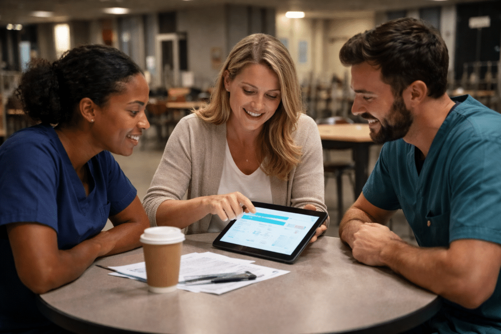 An HR representative holding an "After Dark" benefits meeting with night shift healthcare workers in a cafeteria.