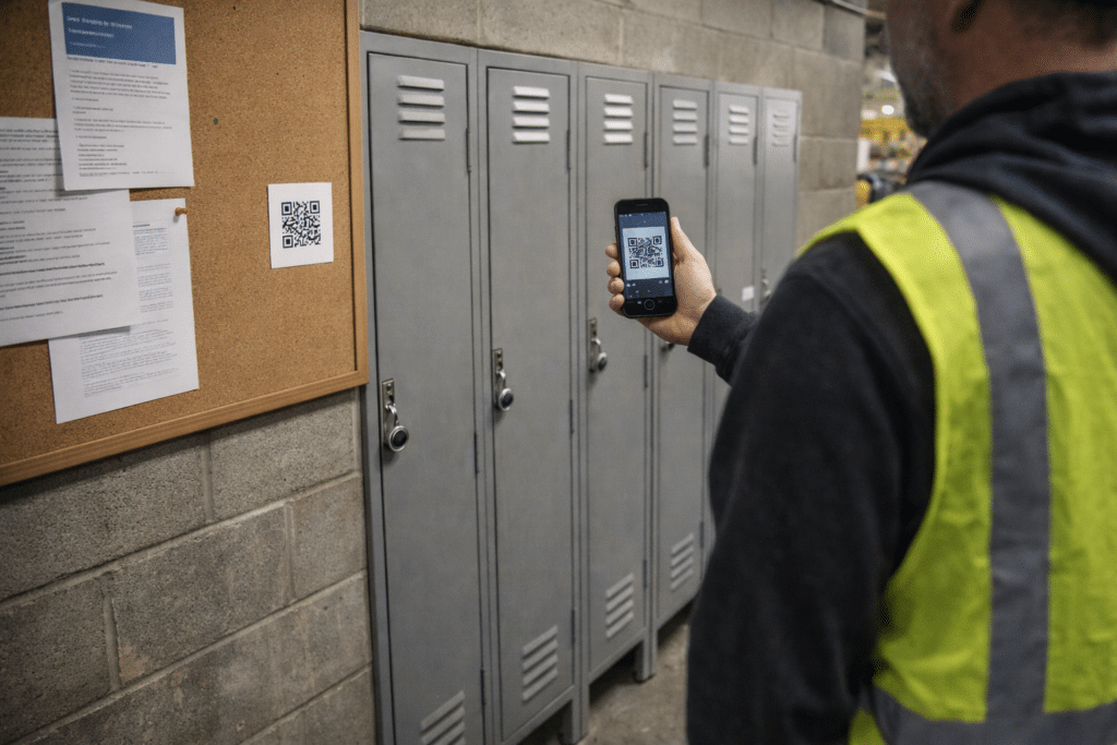 A night shift employee scanning a QR code on a locker room poster to access mobile-optimized benefits enrollment.
