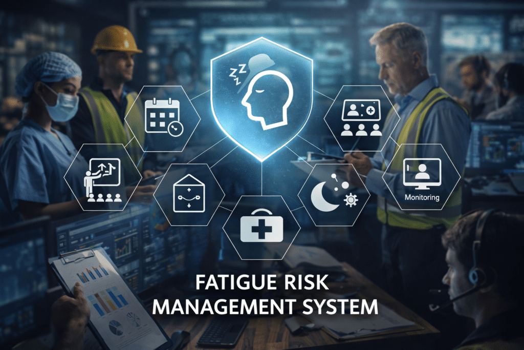 Fatigue risk management system in night shift workplace with managers reviewing safety and performance data