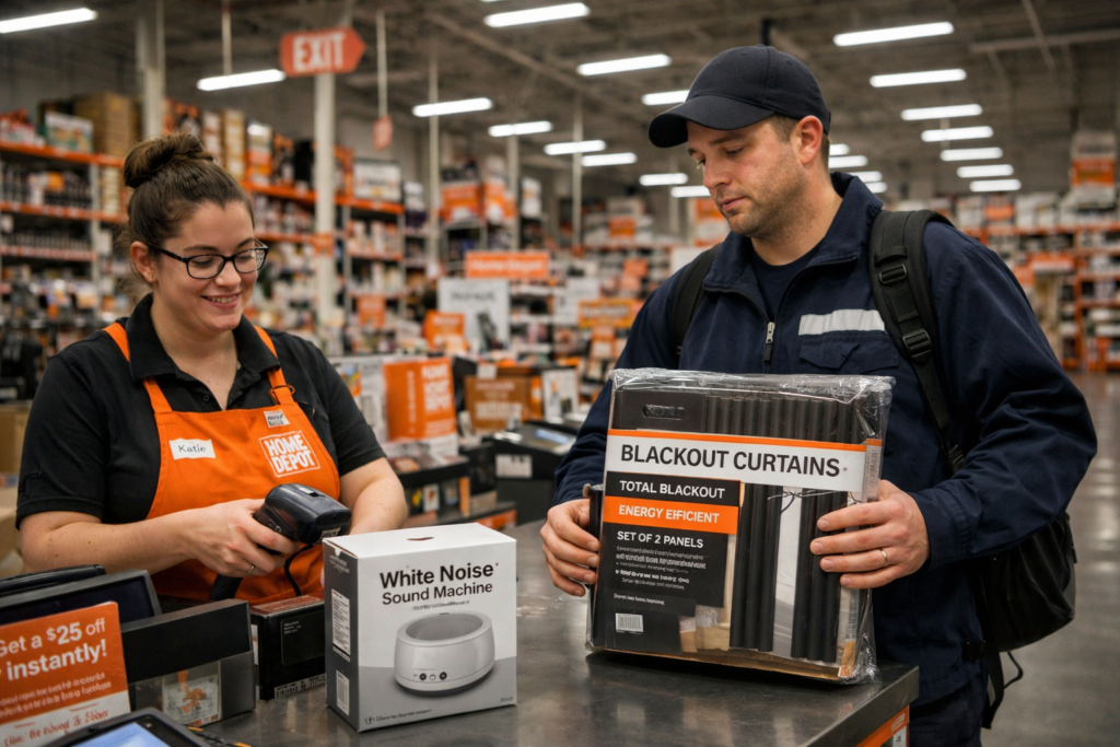 Night shift worker at checkout buying blackout curtains and white noise machine in a home improvement store