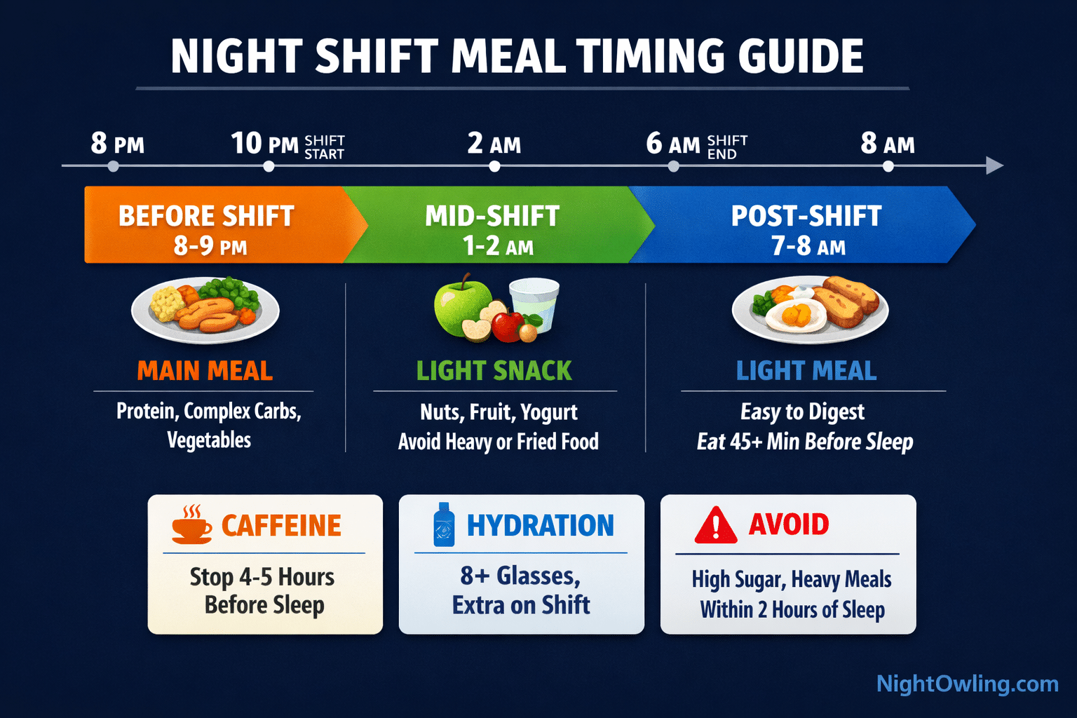 Night Shift Diet Plan: What to Eat, When to Eat, and Why It Matters infographic