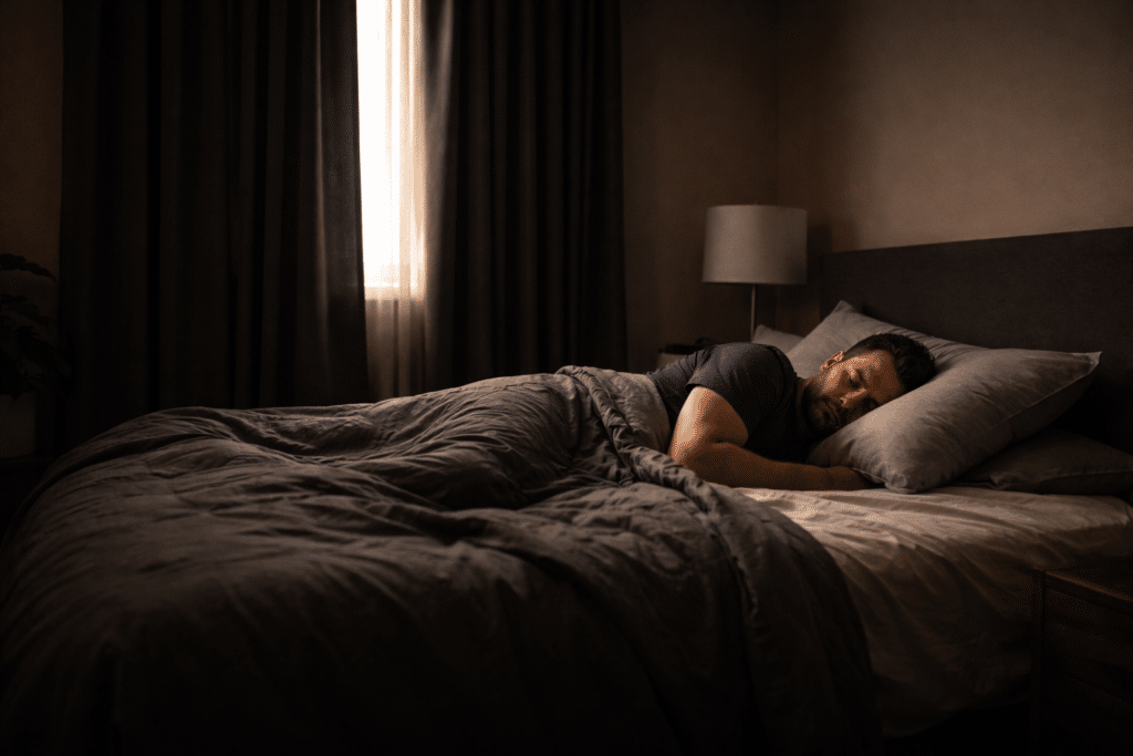 Night shift worker asleep in dark bedroom with blackout curtains and faint daylight leaking through edges